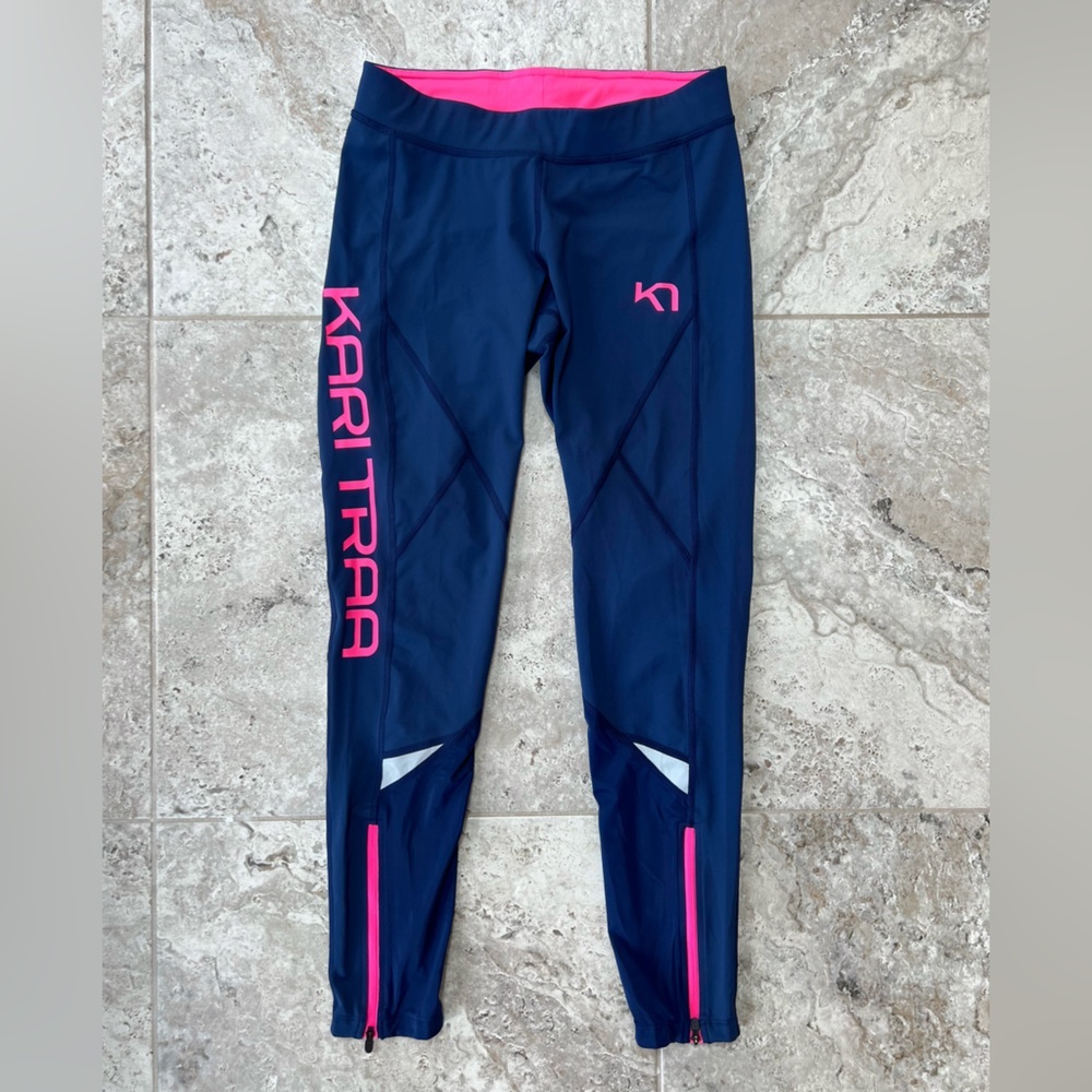 Kari Traa Louise Tight Ankle Zip Leggings, Navy Blue + Hot Pink, size M